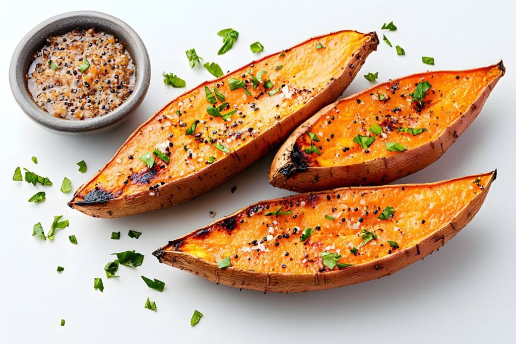 Gebackene Süßkartoffeln mit Kräutern servierfertig auf Teller angerichtet