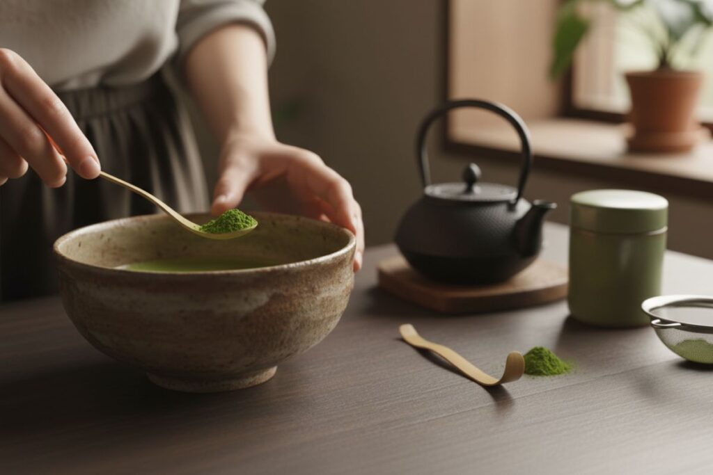 Matcha-Pulver durch feines Sieb sieben in Schale vorbereiten