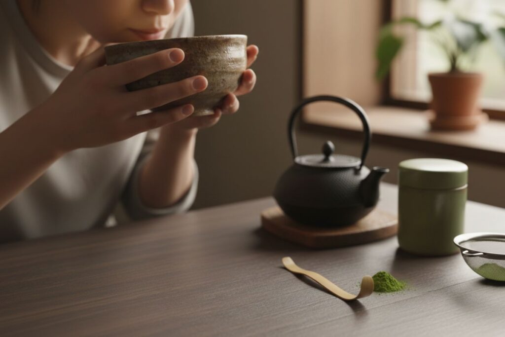 Matcha Tee mit Schneebesen in M-Form aufschäumen