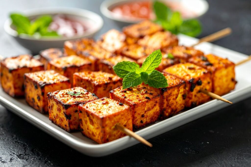 Tofu-Würfel in heißer Pfanne braten goldbraun knusprig