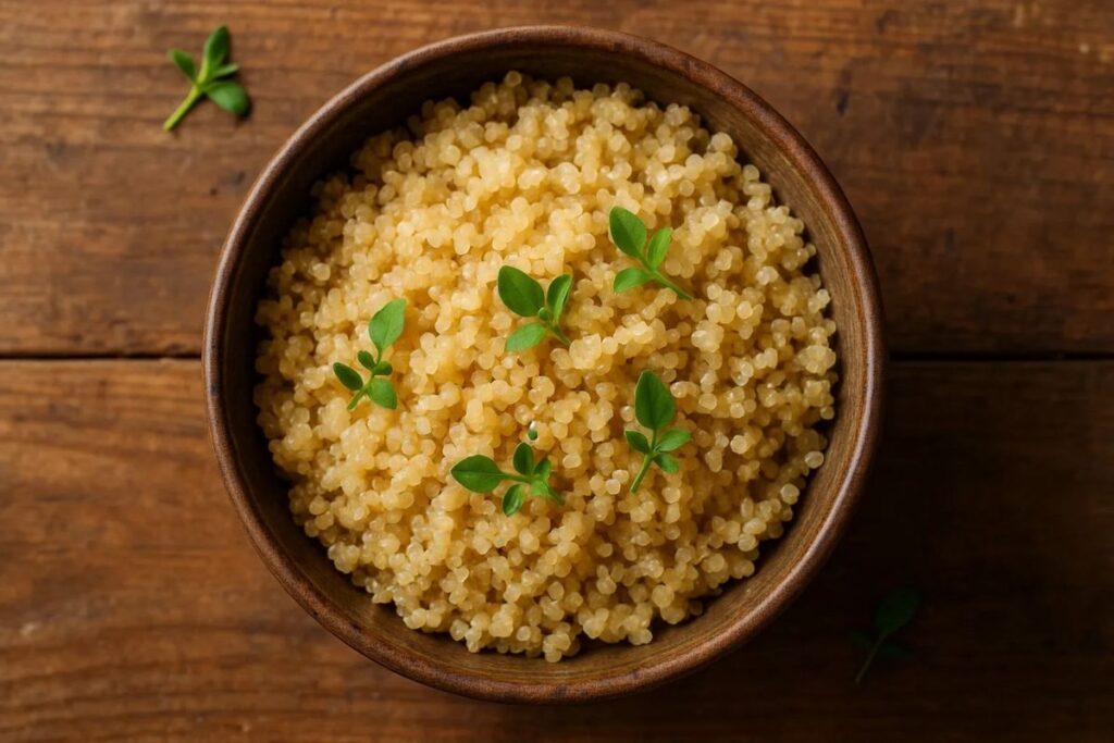 Gekochter Quinoa mit weißem Ring fertig gegart im Topf